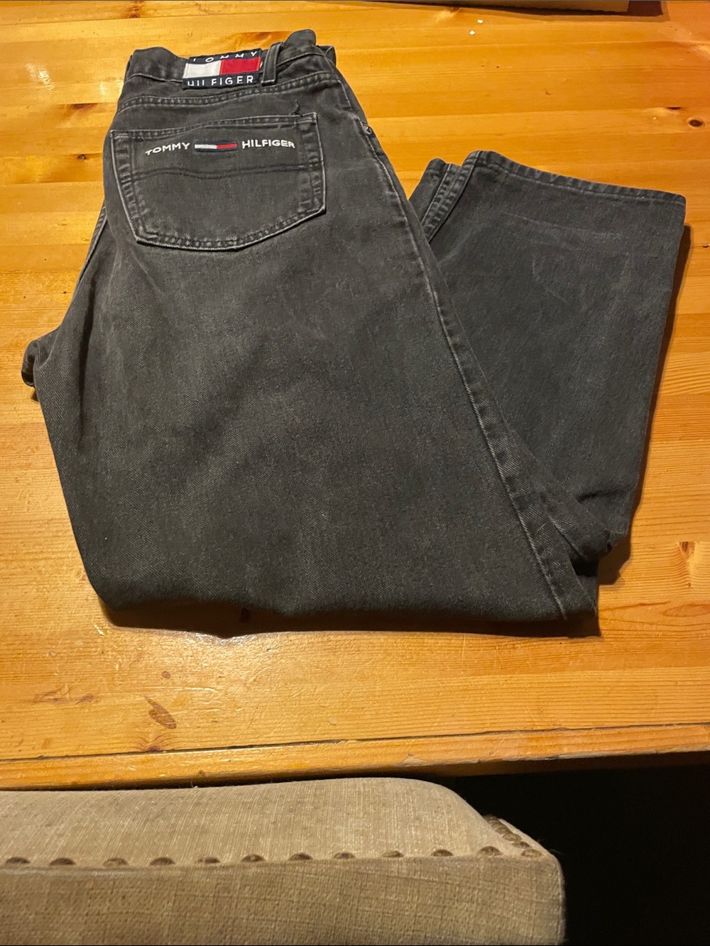Vtg Tommy Hilfiger Men's Charcoal Straight Jeans with Signature Flag 34/30 Blk